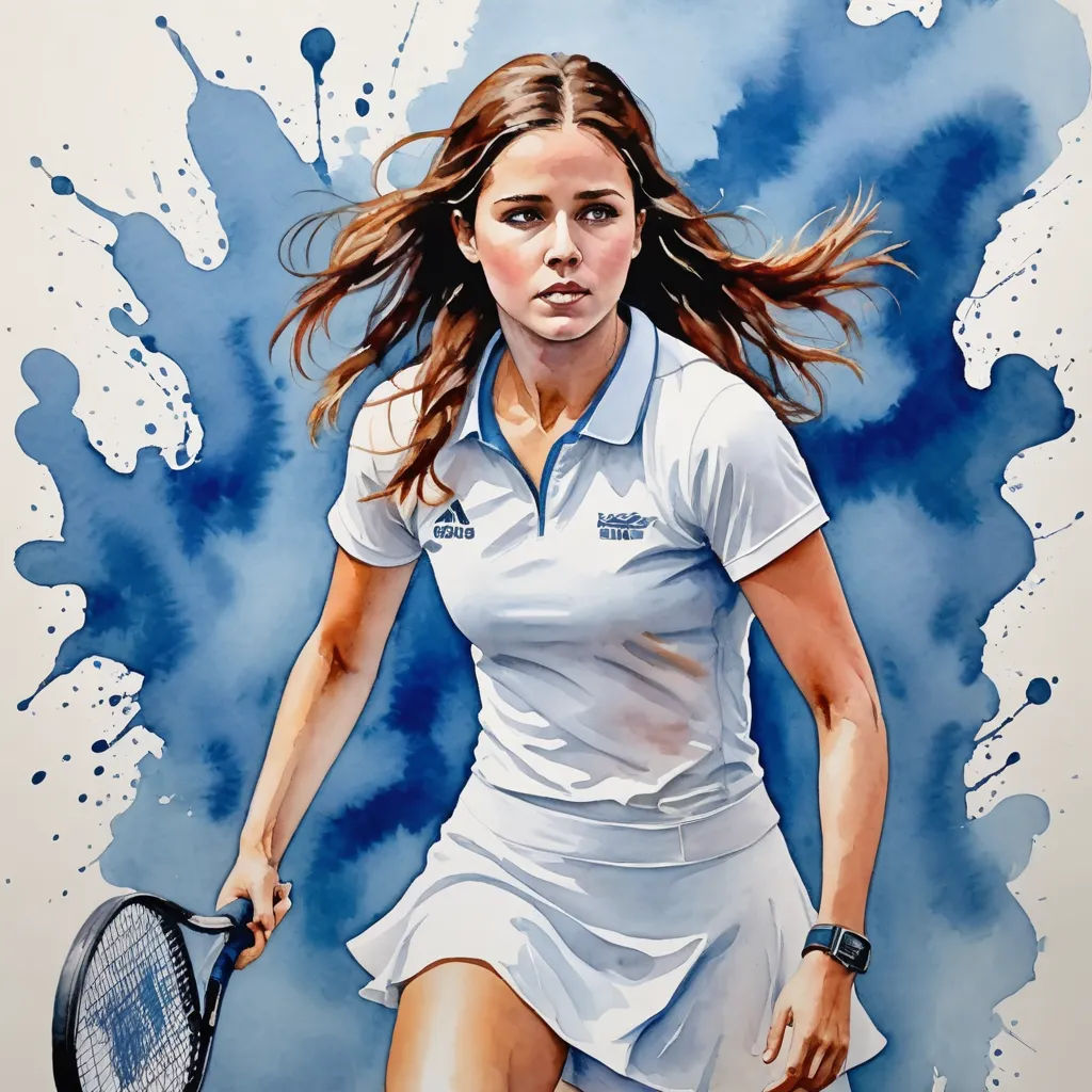 a painting of a woman tennis player holding a racket in her hand and running with the ball in her hand, modern european ink painting, an airbrush painting, Florence Engelbach, highly detailed digital painting