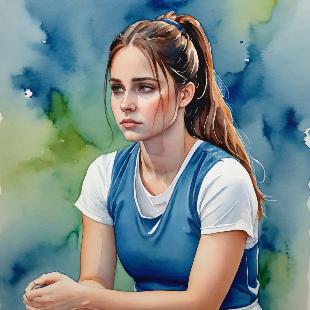 a painting of a girl sitting down with her hands folded on her knees and looking to her left with a serious look on her face, figurative art, a watercolor painting, Brigette Barrager, in gouache detailed paintings