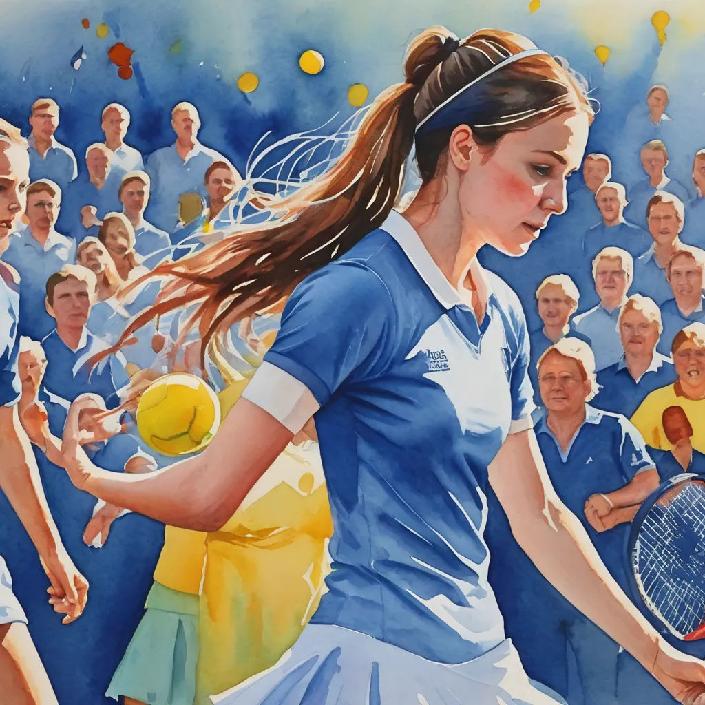 a painting of a woman holding a tennis racquet in front of a crowd of people holding tennis balls, figurative art, an ultrafine detailed painting, Colin Middleton, in gouache detailed paintings