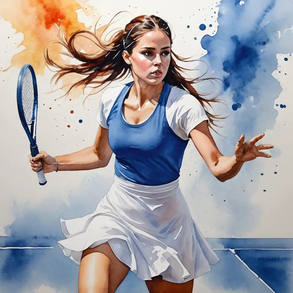 a painting of a woman playing tennis on a tennis court with a blue and white dress and a blue and white tennis racket, figurative art, an airbrush painting, Annabel Eyres, in gouache detailed paintings