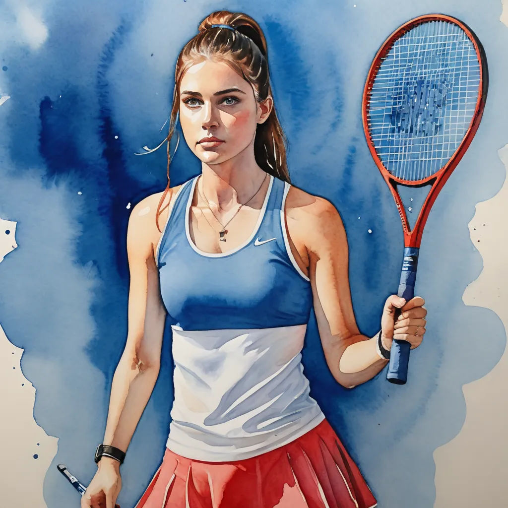 a painting of a woman holding a tennis racket in her hand and wearing a blue tank top and red skirt, figurative art, a watercolor painting, Eric Zener, in gouache detailed paintings