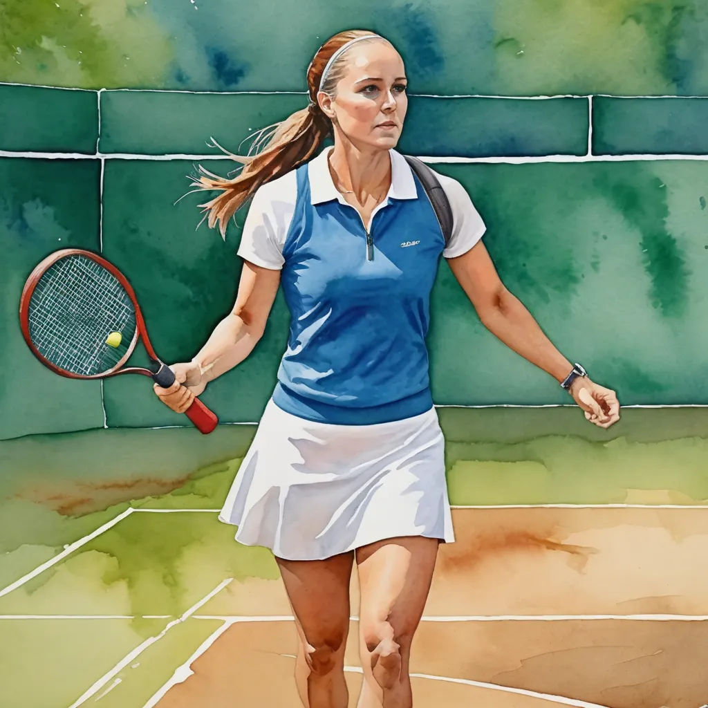 a painting of a woman playing tennis on a court with a racket in her hand and a ball in her other hand, figurative art, a watercolor painting, Alison Kinnaird, in gouache detailed paintings