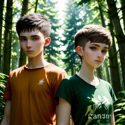 two young boys standing in a forest with trees in the background and sunlight shining through the trees on the left