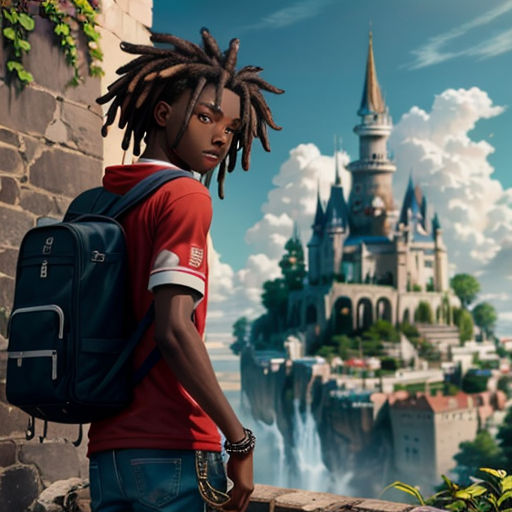 a man with dreadlocks standing in front of a castle with a waterfall in the background and a castle in the background