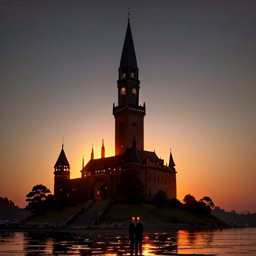 a couple standing in front of a church at sunset with the sun setting behind them and the building on the island