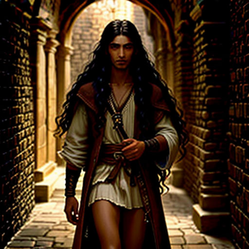 a man in a long dress walking down a brick alley way with a sword in his hand and a long black hair