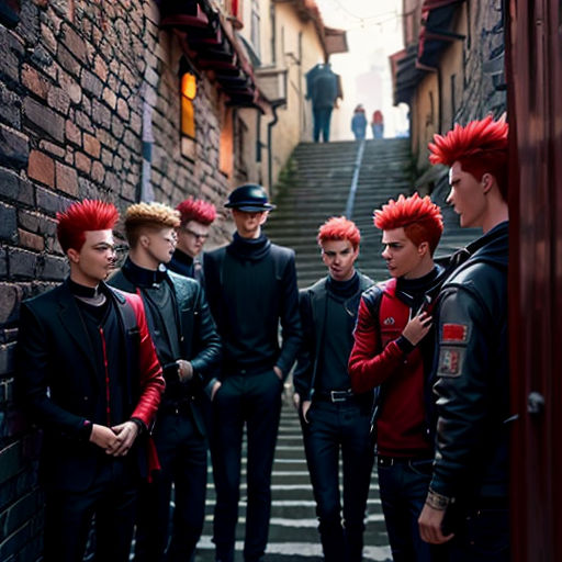 a group of young men standing next to each other on a street next to a brick wall and stairs