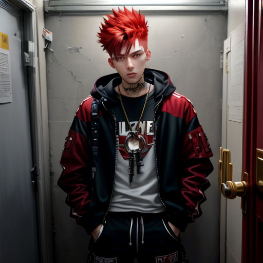 a man with red hair standing in a doorway with his hands in his pockets and wearing a black and red jacket