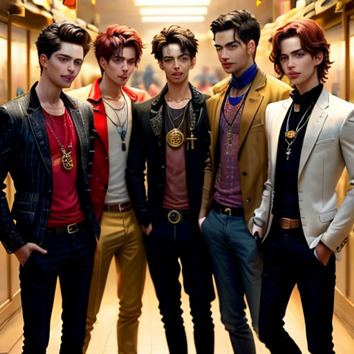 a group of young men standing next to each other in a hallway with a hallway leading to the hallway