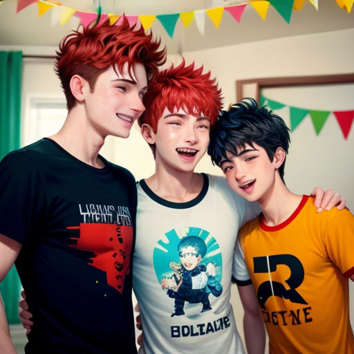 three young men standing next to each other in a room with bunting flags on the ceiling and a curtain