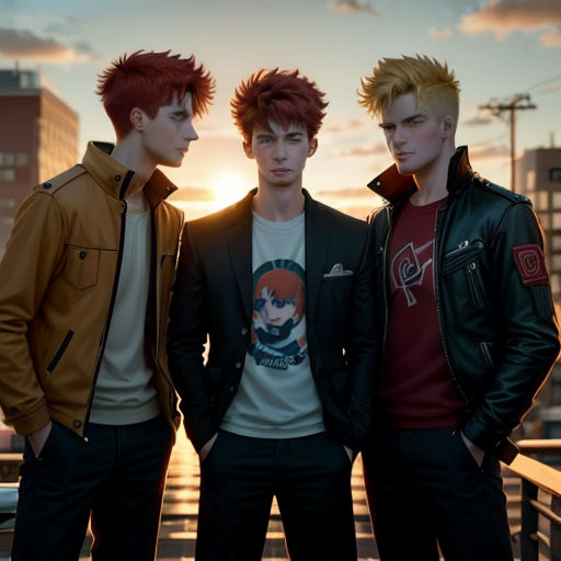 three young men standing next to each other on a bridge at sunset or sunrise with city lights in the background