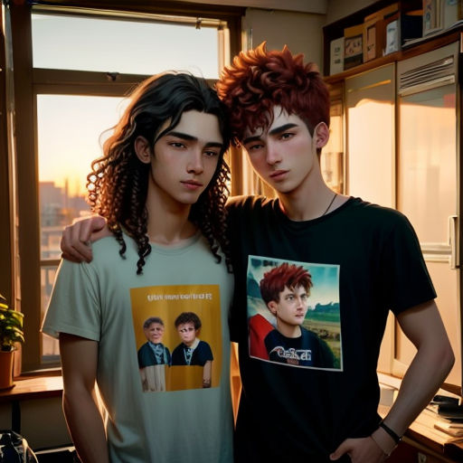 two young men standing next to each other in a room with a window and a plant in the corner