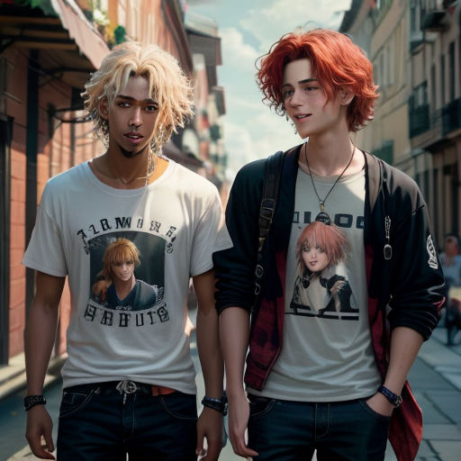 two young men standing next to each other on a street corner with buildings in the background and one wearing a t - shirt with a picture of a boy with a