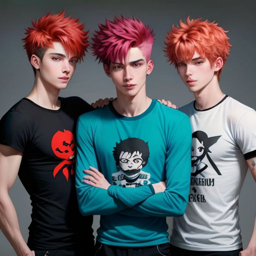 three young men with red hair standing next to each other in front of a gray background with a red skull on the chest