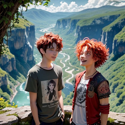 two boys standing next to each other on a cliff overlooking a valley and a river with a road going through it