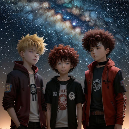 three boys standing in front of a galaxy background with stars and a sky full of stars and a galaxy
