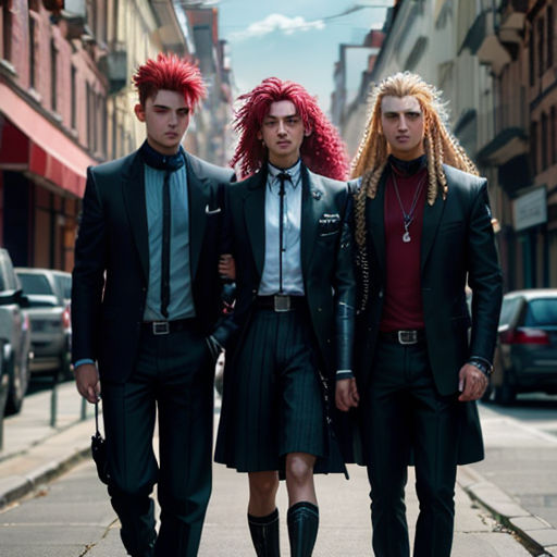 three men in black suits and red hair walking down a street together, with one wearing a red mohawk