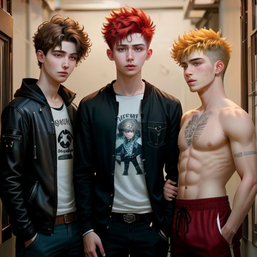 three young men standing next to each other in a hallway with no shirts on and one with red hair