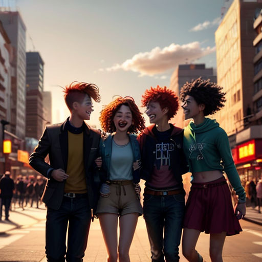 a group of young people walking down a street together, with the sun shining on them and buildings in the background