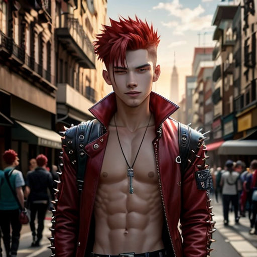 a man with red hair and spiked hair standing in a street with other people walking by him and wearing a red leather jacket