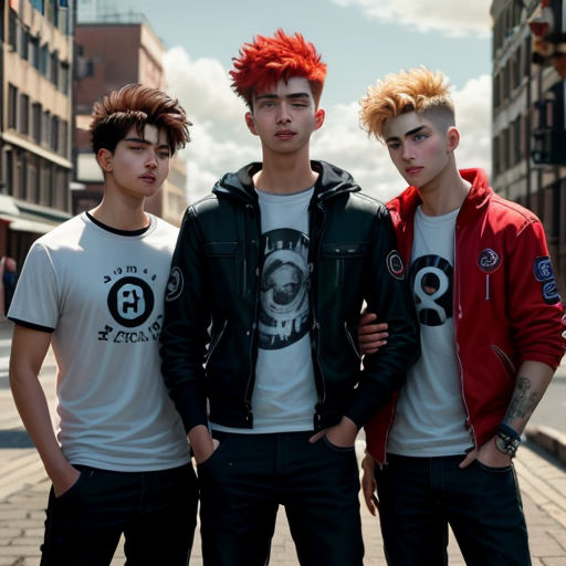 three young men standing next to each other on a street corner with buildings in the background and one man with red hair