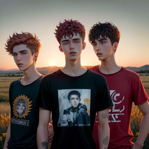 three young men standing in a field at sunset with a photo of them on their t - shirts and the sun behind them