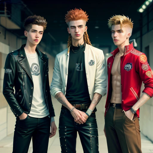 three men standing next to each other in a hallway with one wearing a red jacket and the other wearing a white shirt