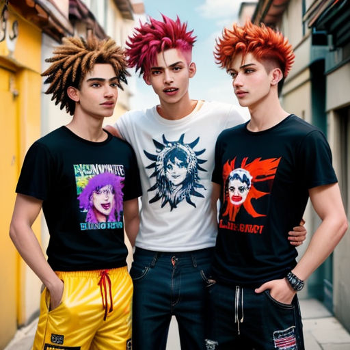 three young men with dreadlocks standing next to each other on a street corner in front of a building