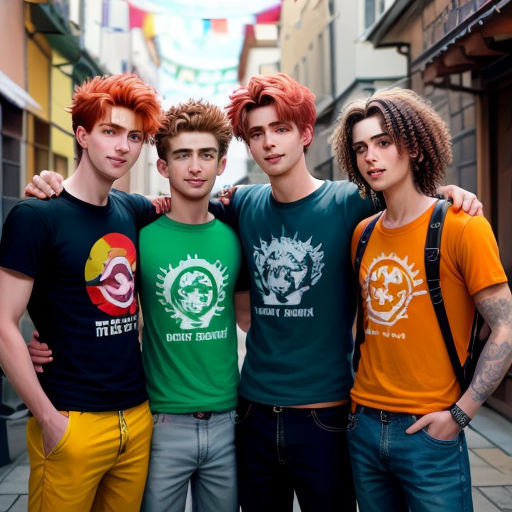 three young men standing next to each other in a narrow alleyway with buildings in the background and a flag hanging from the ceiling
