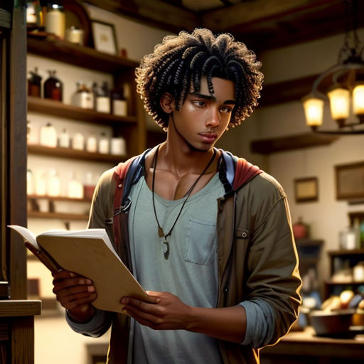 a man with dreadlocks is looking at a piece of paper in a store with shelves of jars