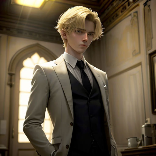 a man in a suit and tie standing in a room with a window and a mirror behind him,
