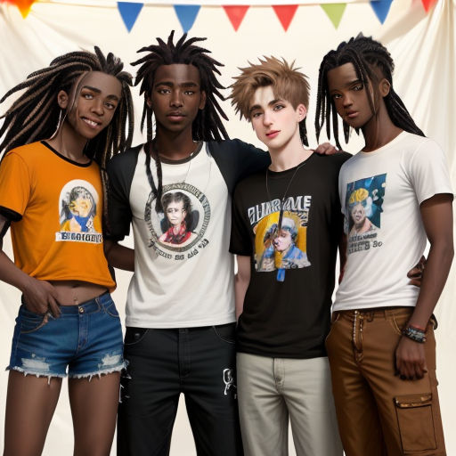 a group of young men standing next to each other in front of a banner with flags on it and a banner with a woman on it
