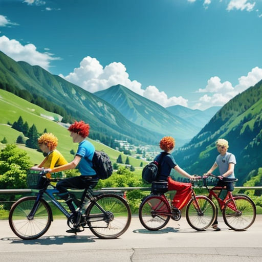 a group of people riding bikes down a road next to a lush green hillside covered in trees and mountains