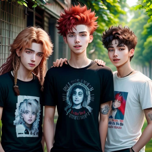three young men standing next to each other in front of a tree and building with a green lawn behind them