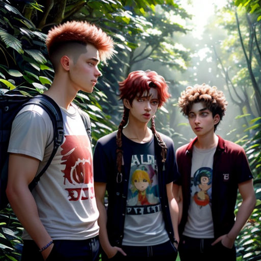 three young men standing next to each other in a forest with trees and plants behind them, with sunlight streaming through the leaves