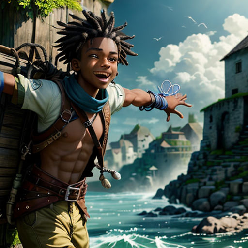a man with dreadlocks and a shirt on is standing in front of a cliff and a body of water