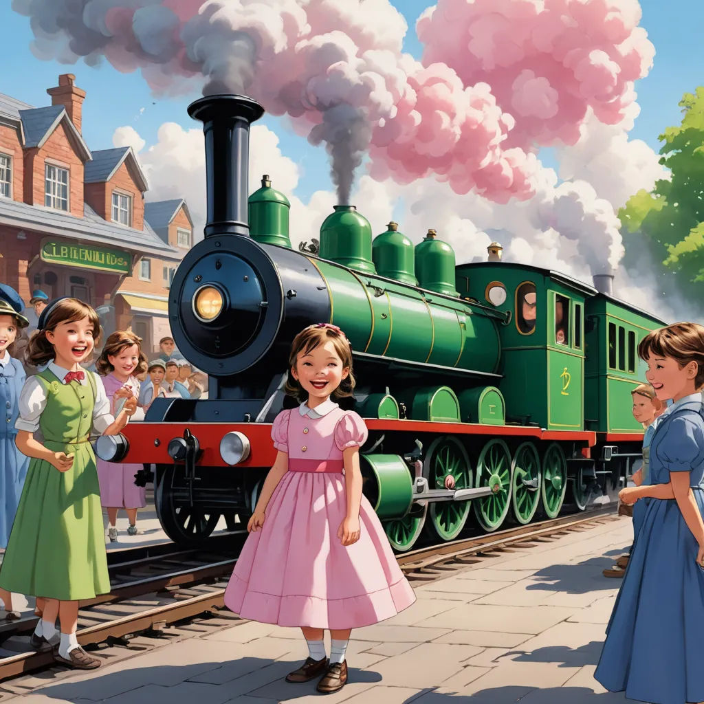 a painting of a train with children standing on the tracks and a train on the tracks with a train on it, fantastic realism, a detailed matte painting, Anne Said, official art