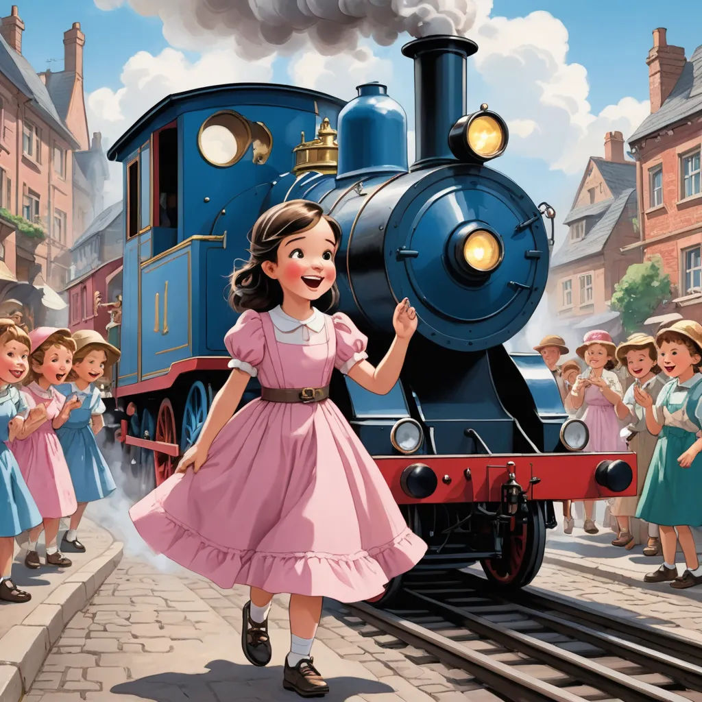 a painting of a girl in a pink dress standing in front of a train with children watching her on the tracks, excessivism, a storybook illustration, Anne Said, storybook illustration