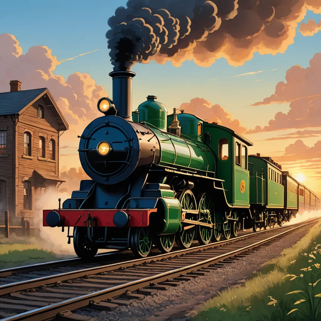 a painting of a train traveling down the tracks near a house and a field with a house on it, american scene painting, a detailed matte painting, Evgeny Lushpin, official art
