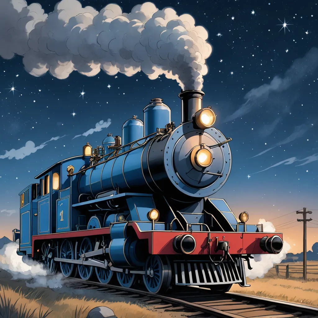 a train traveling down train tracks under a night sky with stars and clouds above it and a train engine on the tracks, sots art, a storybook illustration, Dan Mumford, official art