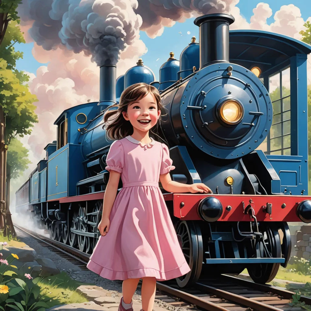 a painting of a girl standing next to a train engine with smoke coming out of it's stacks, american scene painting, a storybook illustration, Bob Byerley, storybook illustration
