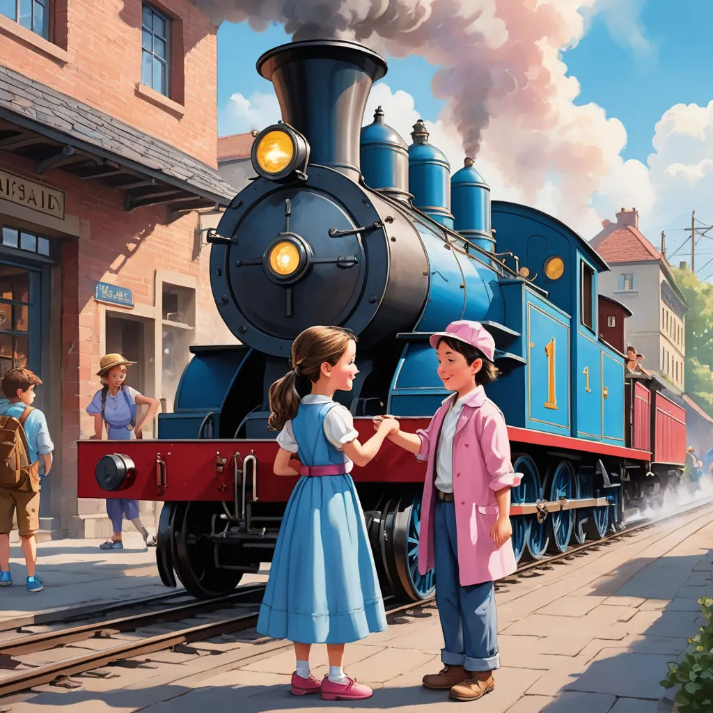 a painting of a boy and girl standing next to a train on a train track with a train on the track, american scene painting, a storybook illustration, Evgeny Lushpin, storybook illustration