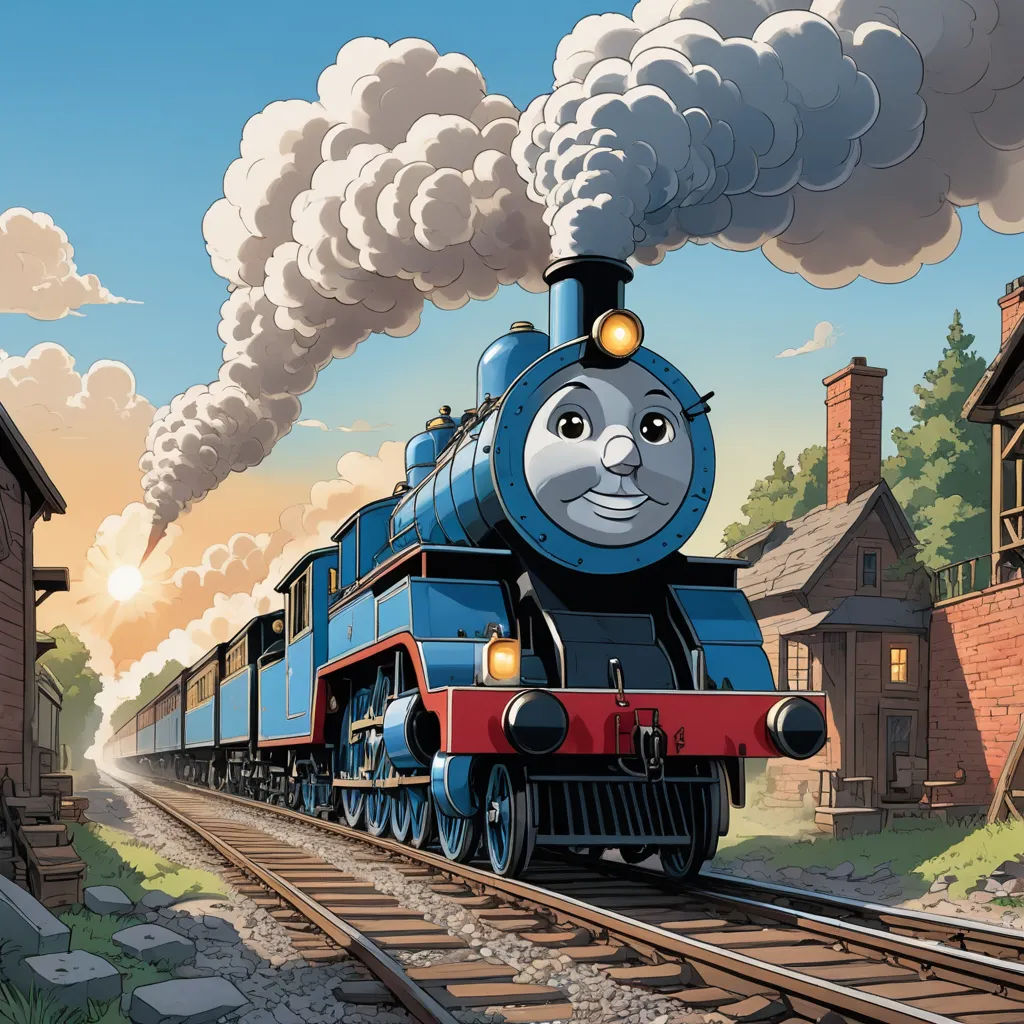 a cartoon train with a smiling face on the tracks with smoke coming out of it's stacks and a building in the background, sots art, a digital rendering, Donald Roller Wilson, official art
