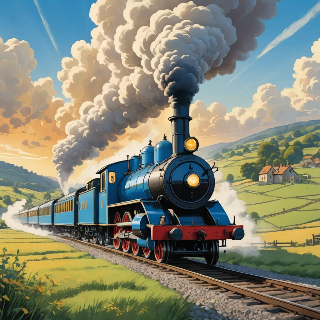 a painting of a train traveling down the tracks with smoke coming out of it's stacks and a sky background, american scene painting, a detailed matte painting, Charles Ginner, official art