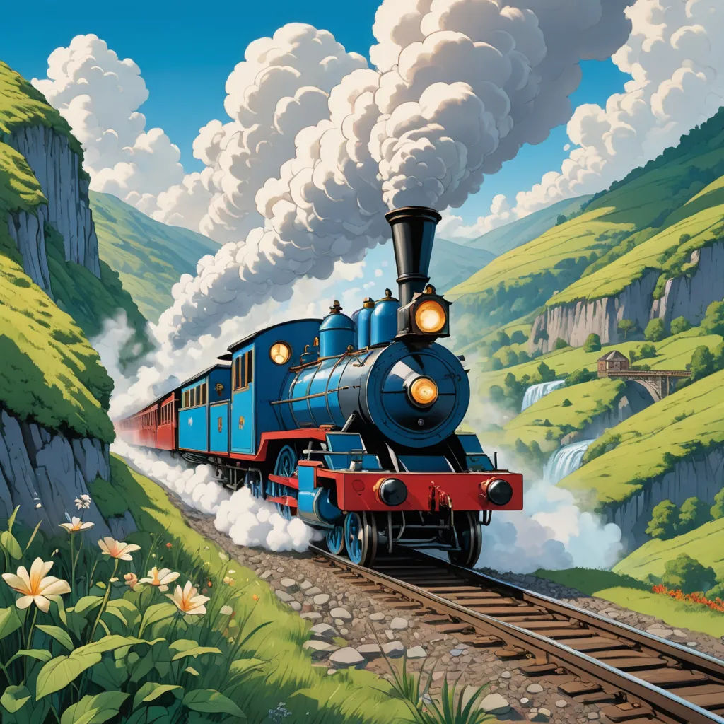 a painting of a train traveling down the tracks in the mountains with flowers and trees around it and a mountain in the background, precisionism, a detailed matte painting, Brothers Hildebrandt, matte drawing