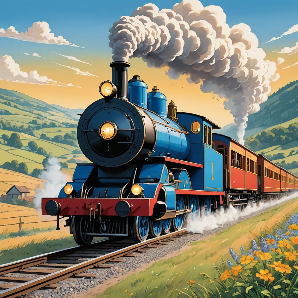 a painting of a train traveling down the tracks with smoke coming out of it's stacks and a field of flowers, american scene painting, a detailed matte painting, Charles Ginner, highly detailed digital painting