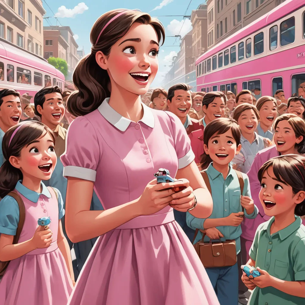 a woman in a pink dress standing in front of a crowd of people with a cell phone in her hand, excessivism, a storybook illustration, disney, animated