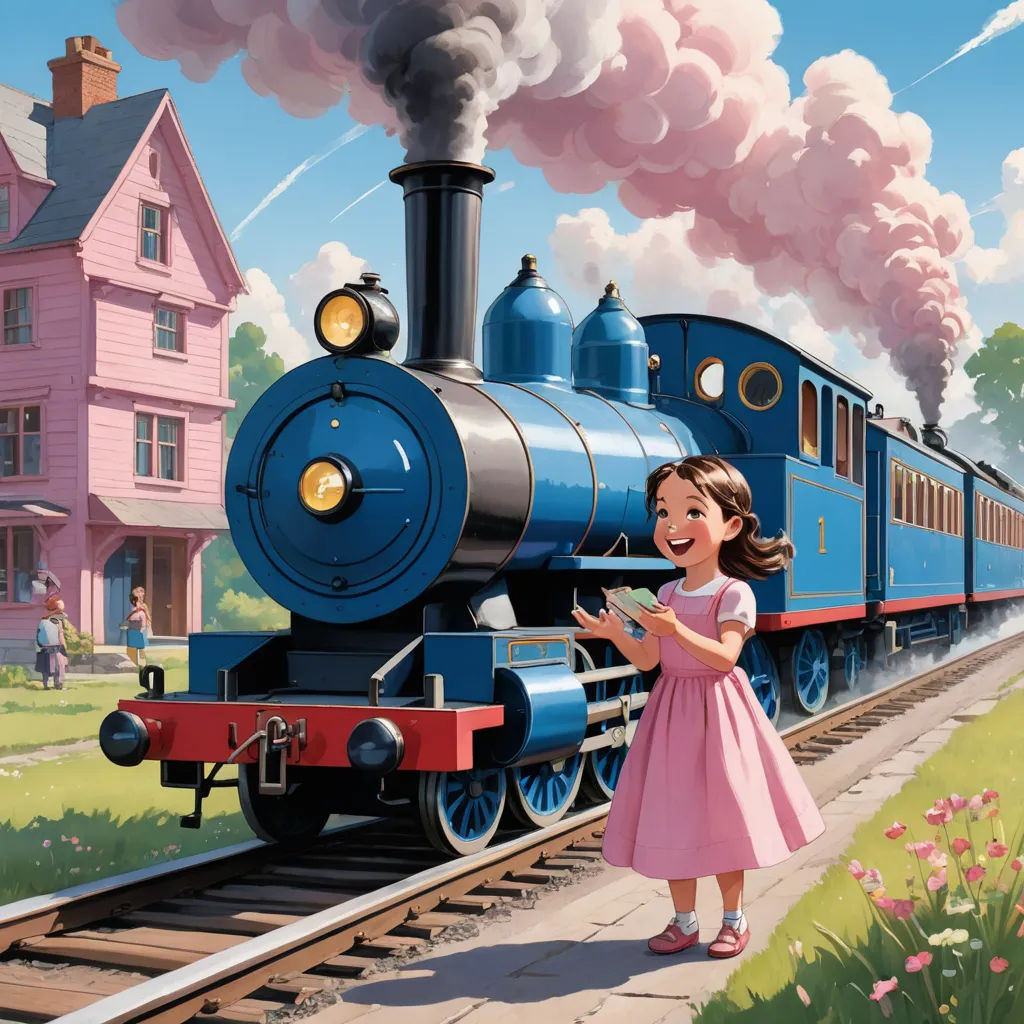 a girl in a pink dress standing next to a train on a track with a pink house in the background, american scene painting, a storybook illustration, Bob Byerley, storybook illustration