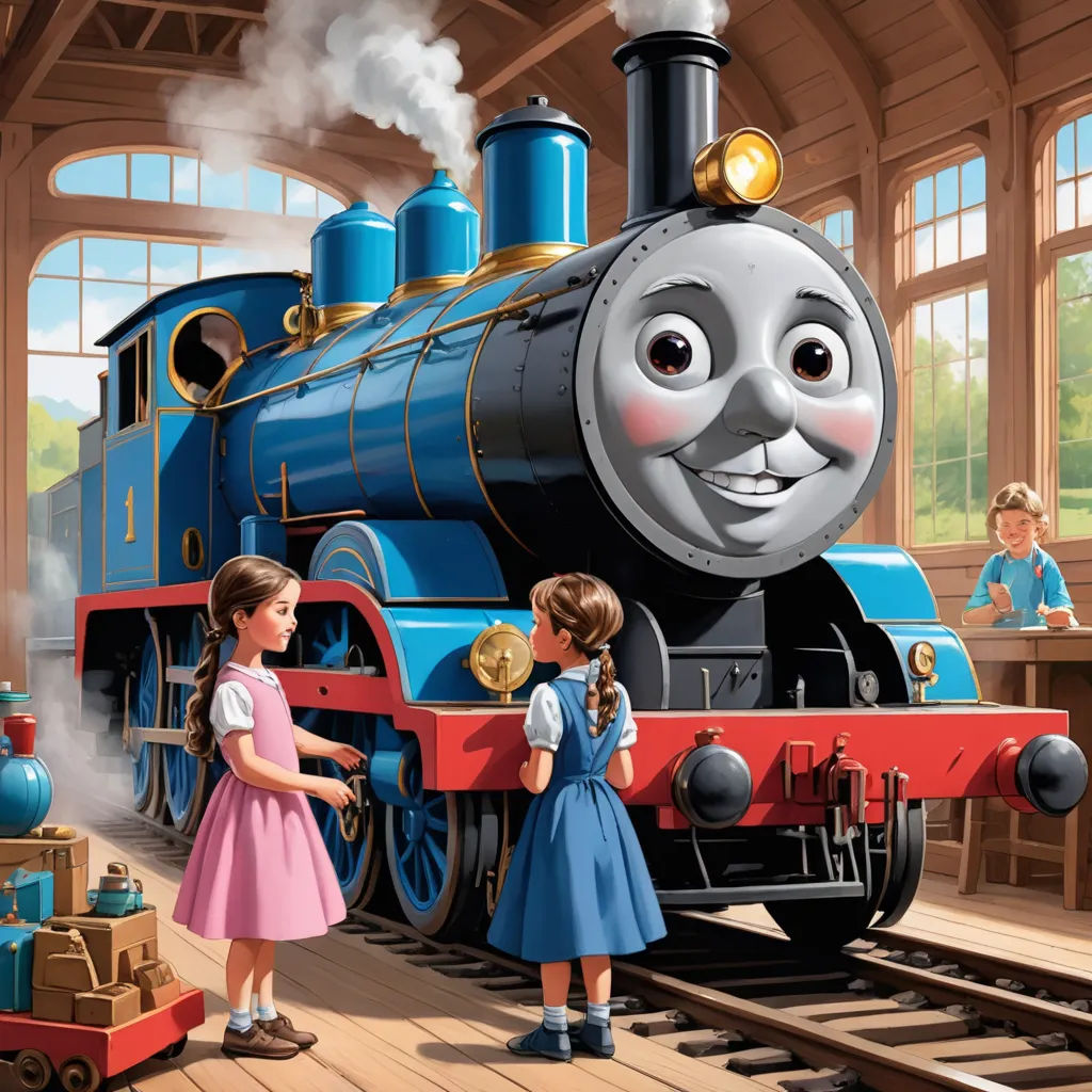 a painting of a train with two girls standing next to it and a man standing next to it with a train on the track, sots art, a digital rendering, Donald Roller Wilson, official art