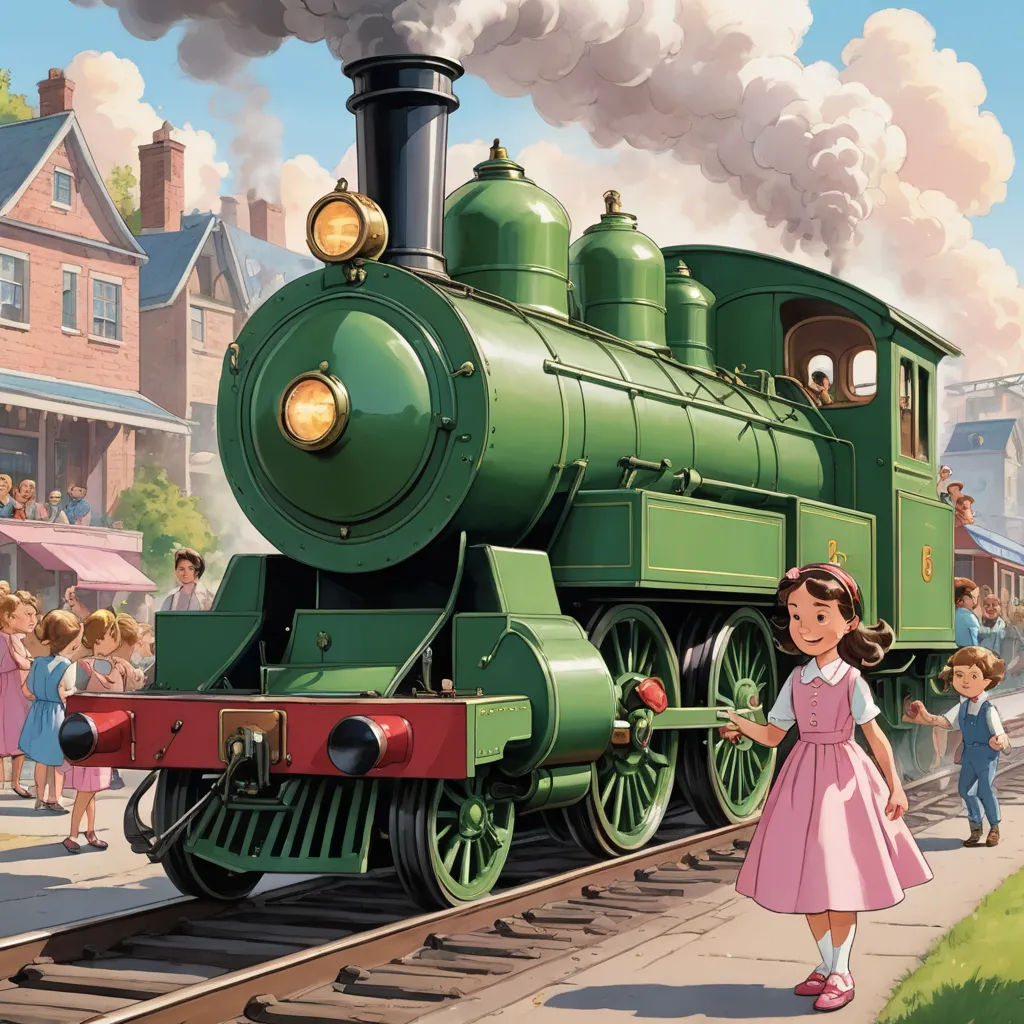 a cartoon train with a girl standing next to it and a train engine with a girl standing next to it, american scene painting, a storybook illustration, Anne Said, official art